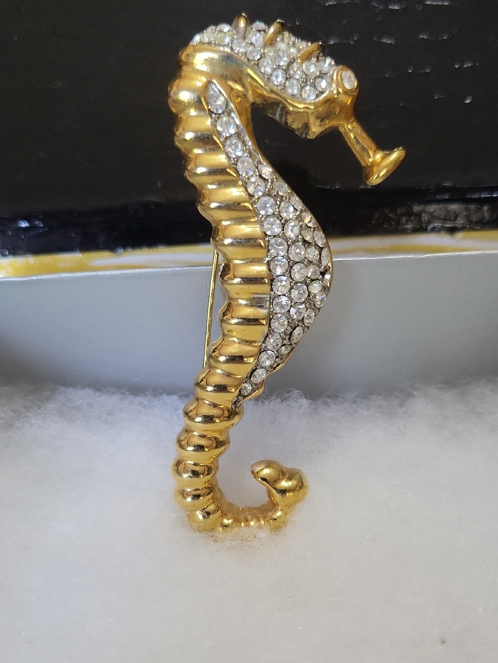 Gold Toned Rhinestone Seahorse Brooch